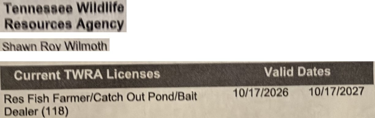 Copy of the TWRA license issued to Shawn Roy Wilmoth, Resident Fish Farmer / Catch Out Pond / Bait Dealer (118), valid 10/17/2026 to 10/17/2027