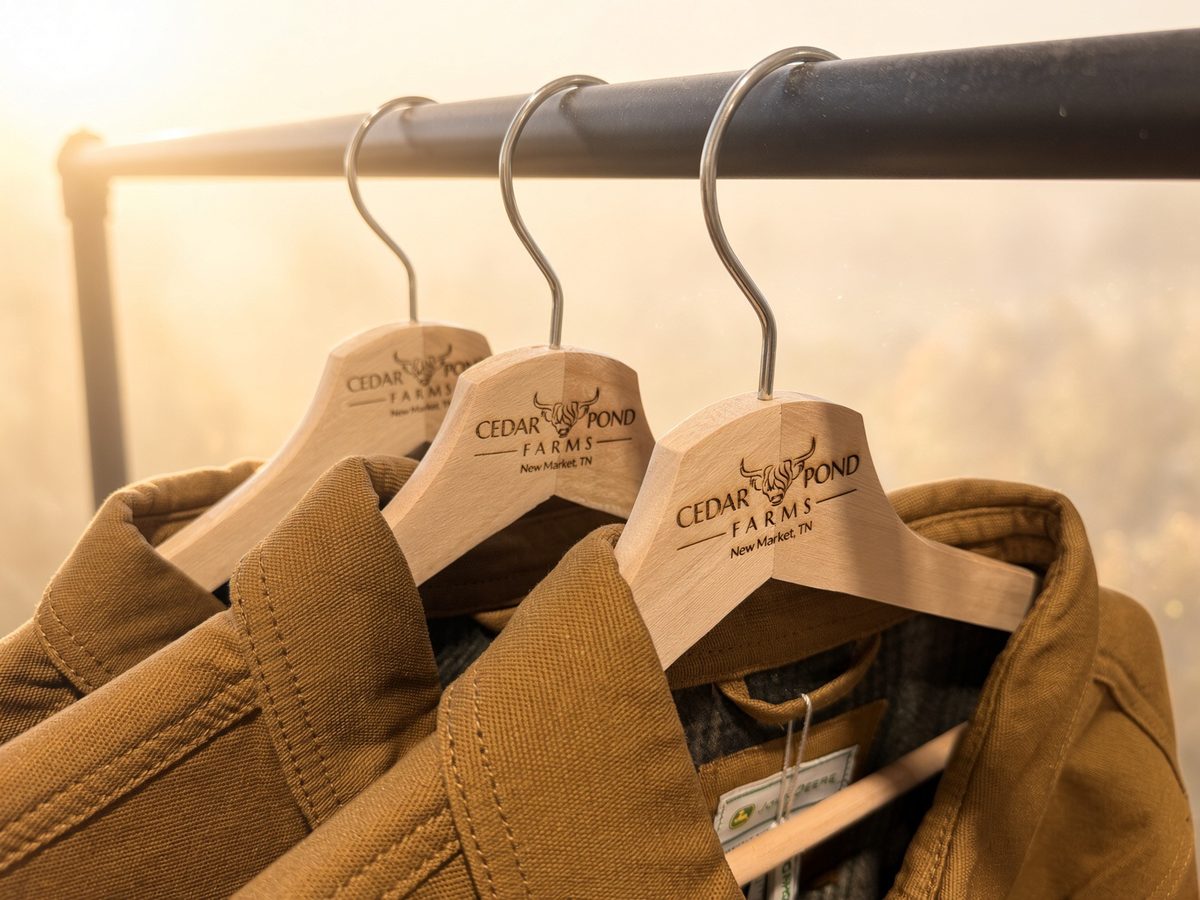 Three engraved Cedar Pond Farms wood hangers on a black rail in golden evening light, each holding a tan canvas jacket