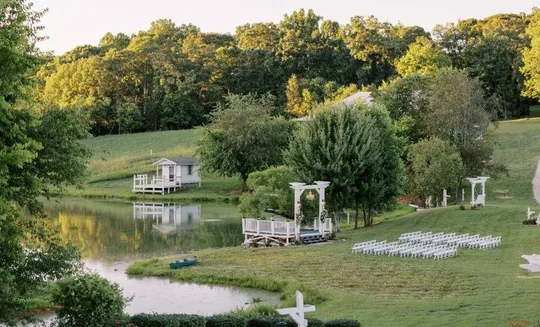 Aerial view of the ceremony sites along the pond at Cedar Pond Farms in New Market, Tennessee