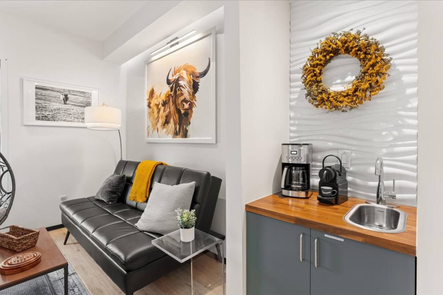 Barndo 1AN at Cedar Pond Farms — one-bedroom barndominium suite lodging on the farm, with the Highland herd a short walk away.