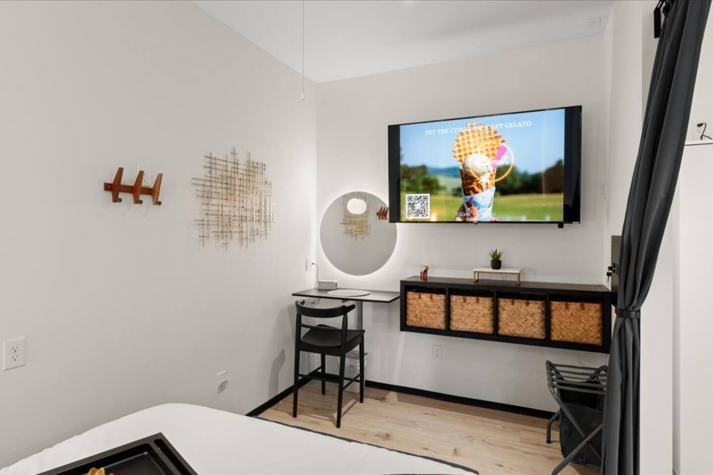 Inside Barndo 1AN, a one-bedroom barndominium suite at Cedar Pond Farms — our fluffy Highland cow farm just outside the Smoky Mountains.