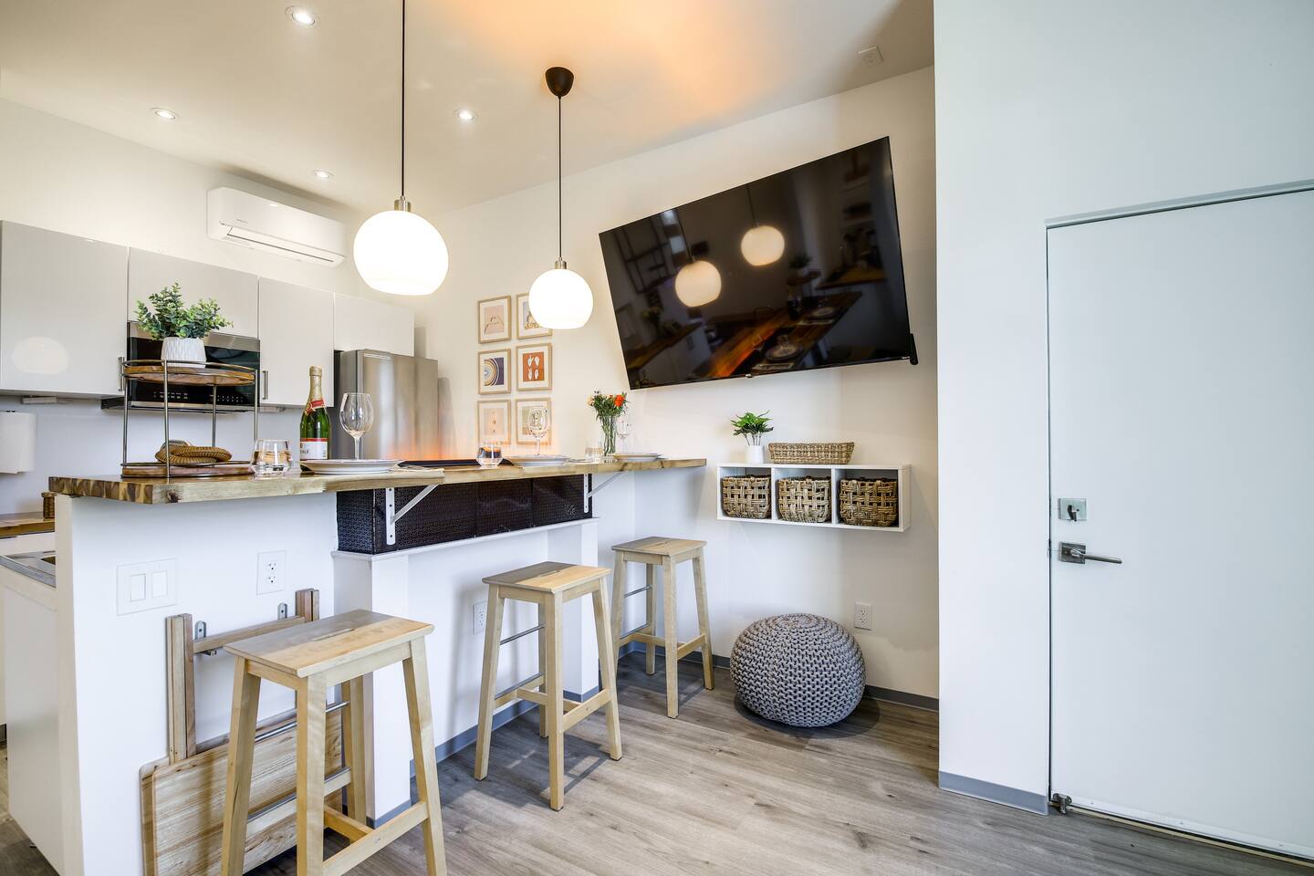 This kitchen has everything you need and a little more. It includes a vapor fireplace that creates a romantic evening and is also a humidifier.