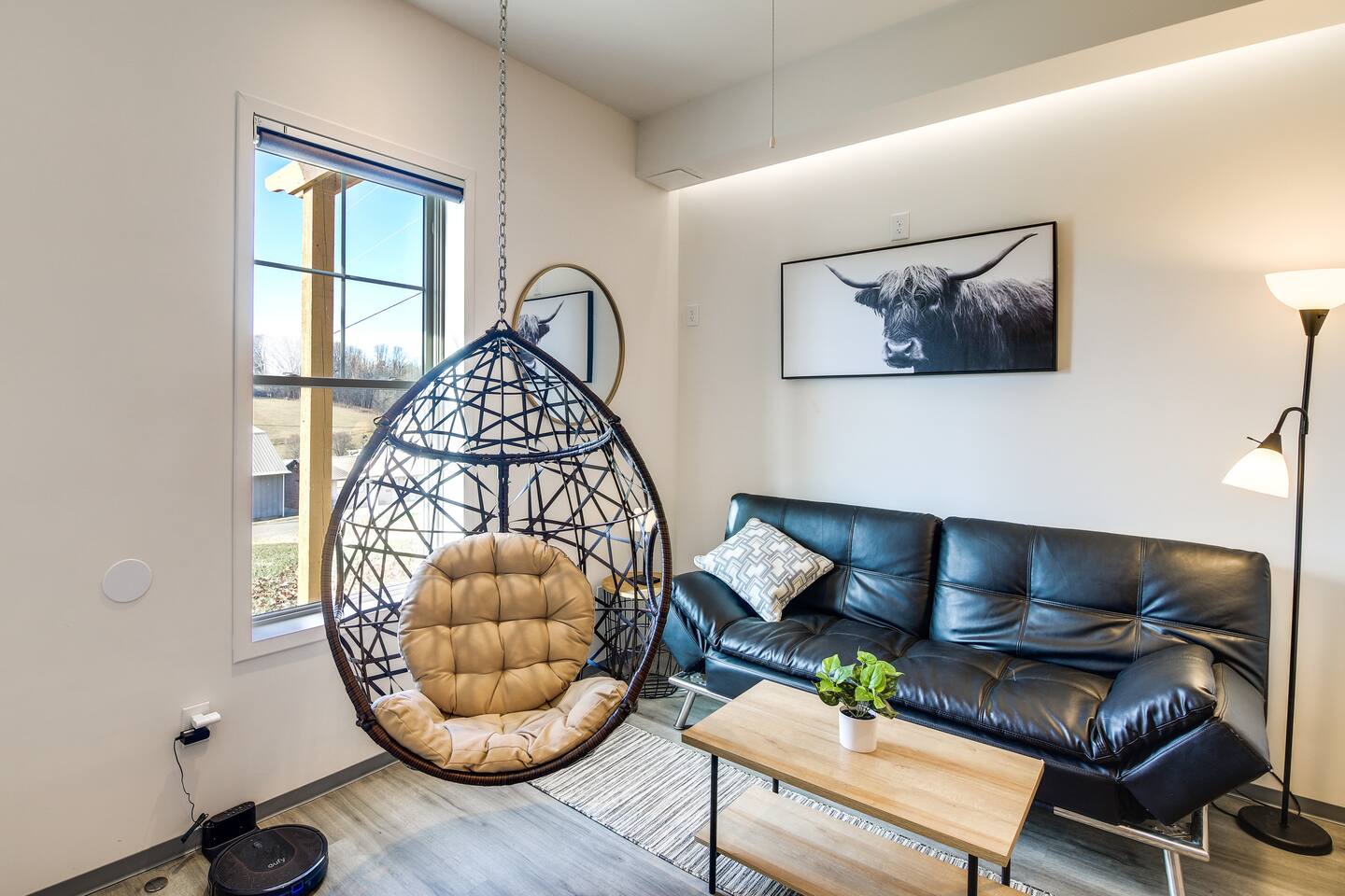 Inside Barndo 2 · Entire Building, a whole-barndominium rental at Cedar Pond Farms — our fluffy Highland cow farm just outside the Smoky Mountains.